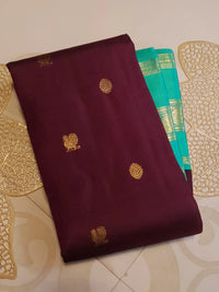 2G Pure Korvai Kanjivaram Silk Saree in Deep Wine with Turquoise Green & Gold Zari Border and Traditional Butta Weave | Silkmark Certified