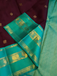 2G Pure Korvai Kanjivaram Silk Saree in Deep Wine with Turquoise Green & Gold Zari Border and Traditional Butta Weave | Silkmark Certified