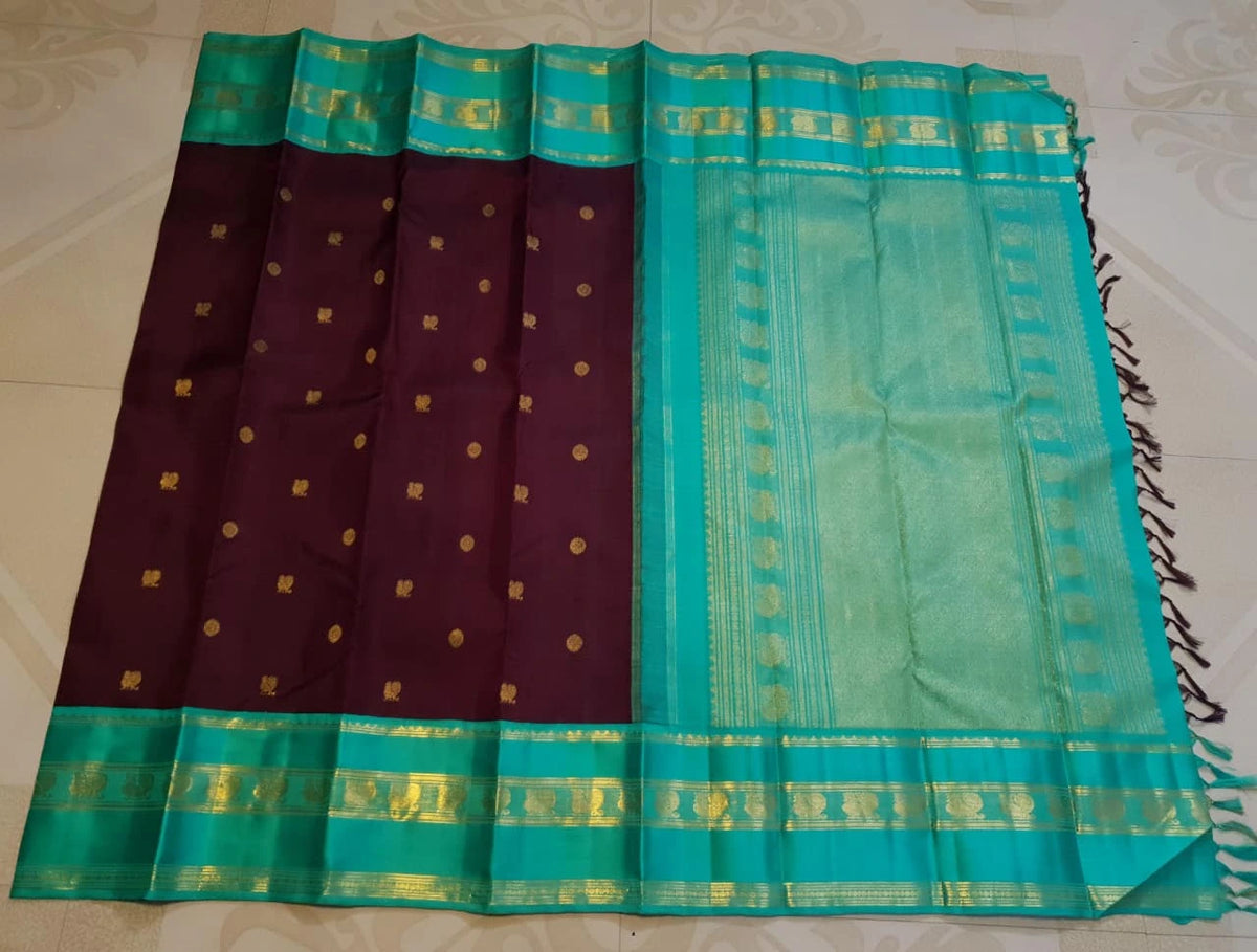 2G Pure Korvai Kanjivaram Silk Saree in Deep Wine with Turquoise Green & Gold Zari Border and Traditional Butta Weave | Silkmark Certified