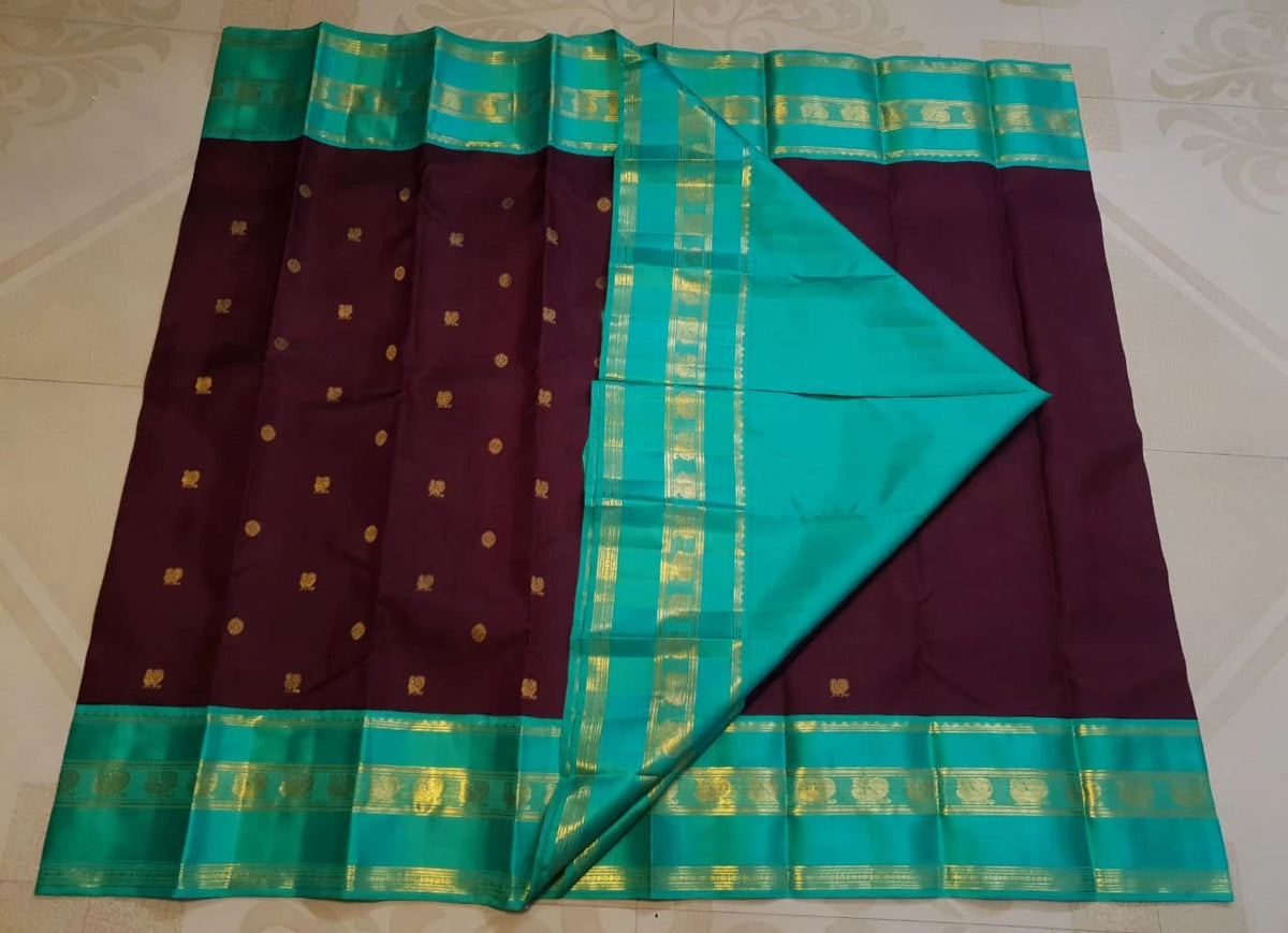 2G Pure Korvai Kanjivaram Silk Saree in Deep Wine with Turquoise Green & Gold Zari Border and Traditional Butta Weave | Silkmark Certified