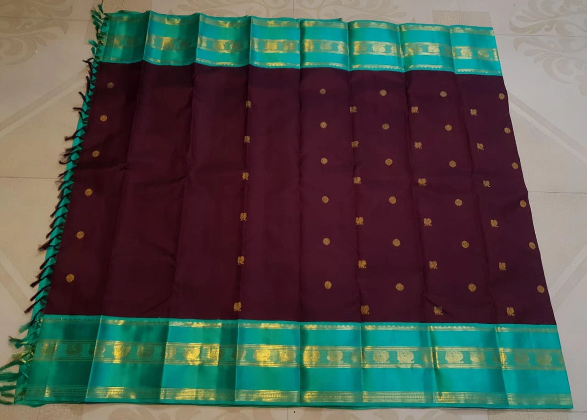 2G Pure Korvai Kanjivaram Silk Saree in Deep Wine with Turquoise Green & Gold Zari Border and Traditional Butta Weave | Silkmark Certified