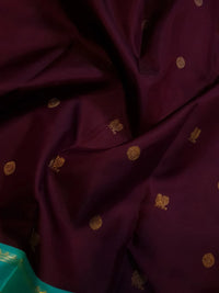 2G Pure Korvai Kanjivaram Silk Saree in Deep Wine with Turquoise Green & Gold Zari Border and Traditional Butta Weave | Silkmark Certified
