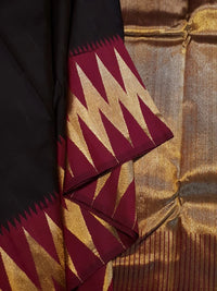 2G Pure Black & Maroon Kanjivaram Silk Saree with Zig-Zag Pure Zari Border