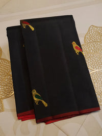 2G Pure  Kanjivaram Silk Saree in Black with Multicolour Bird Butta & Red Border | Silkmark Certified