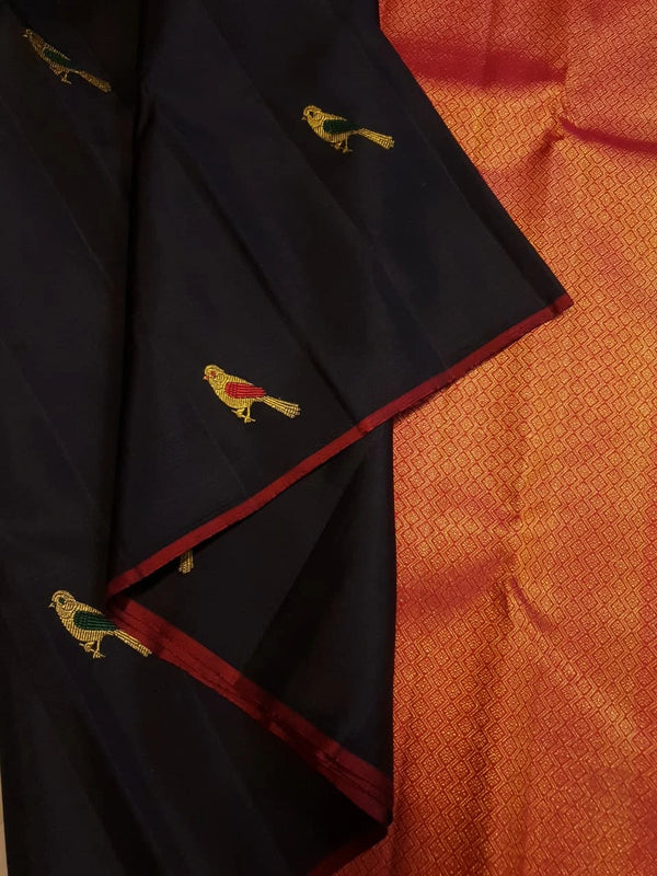 2G Pure  Kanjivaram Silk Saree in Black with Multicolour Bird Butta & Red Border | Silkmark Certified
