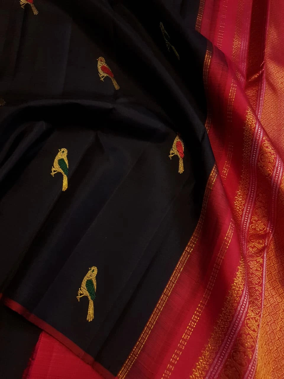 2G Pure  Kanjivaram Silk Saree in Black with Multicolour Bird Butta & Red Border | Silkmark Certified