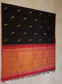 2G Pure  Kanjivaram Silk Saree in Black with Multicolour Bird Butta & Red Border | Silkmark Certified