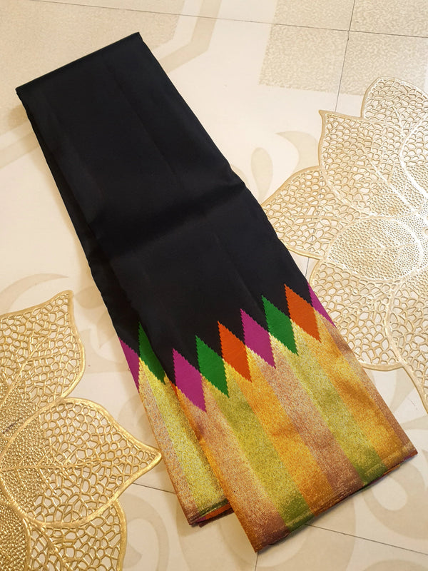 2G Black Kanjivaram Silk Saree with Multicolour Zari Border