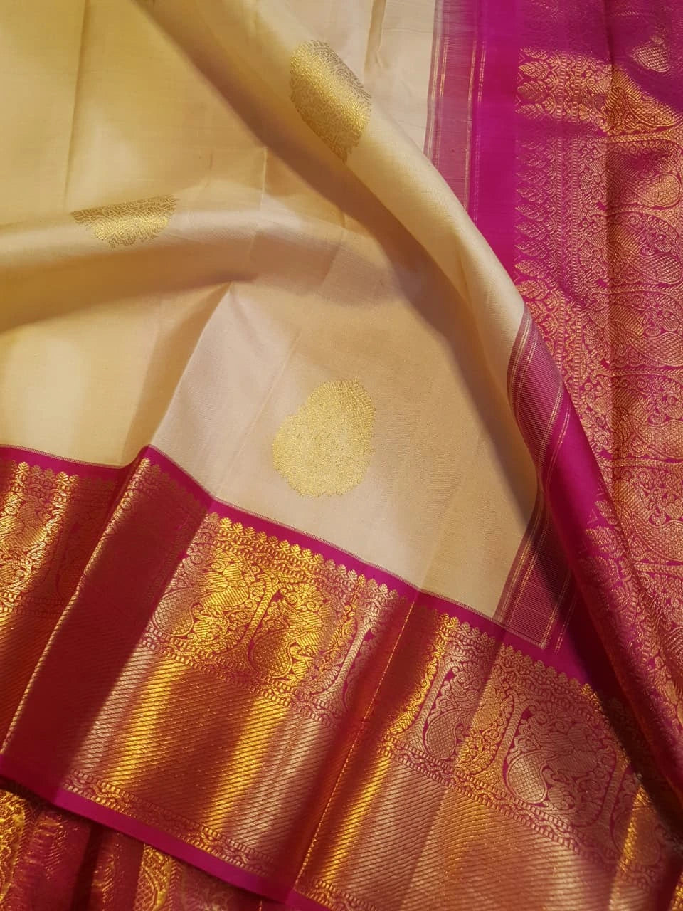 2G Korvai Pure Cream Gold & Magenta Kanjivaram Silk Saree with Rich Zari Border