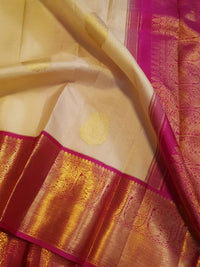 2G Korvai Pure Cream Gold & Magenta Kanjivaram Silk Saree with Rich Zari Border