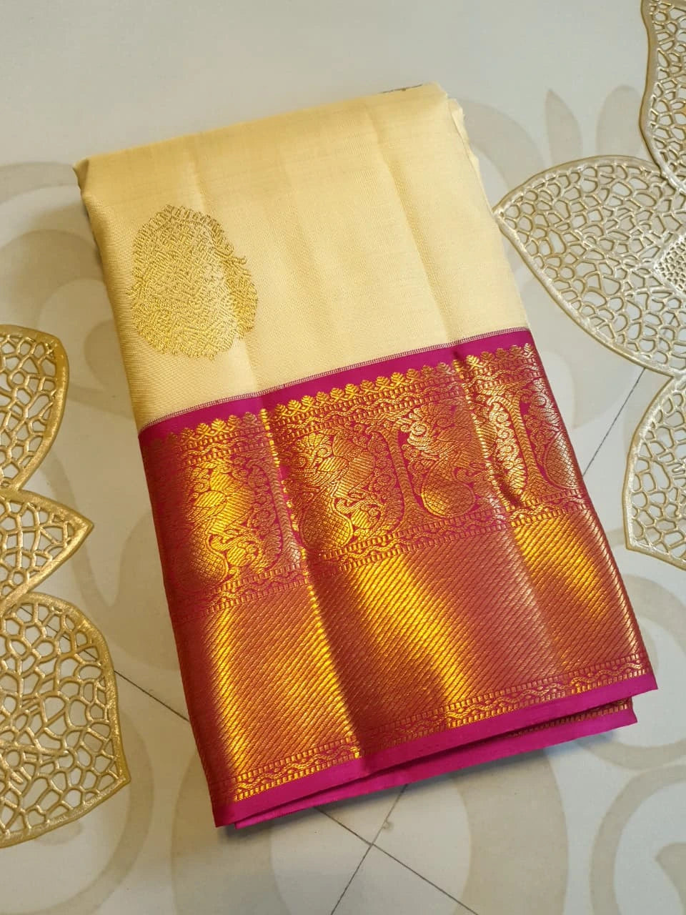 2G Korvai Pure Cream Gold & Magenta Kanjivaram Silk Saree with Rich Zari Border