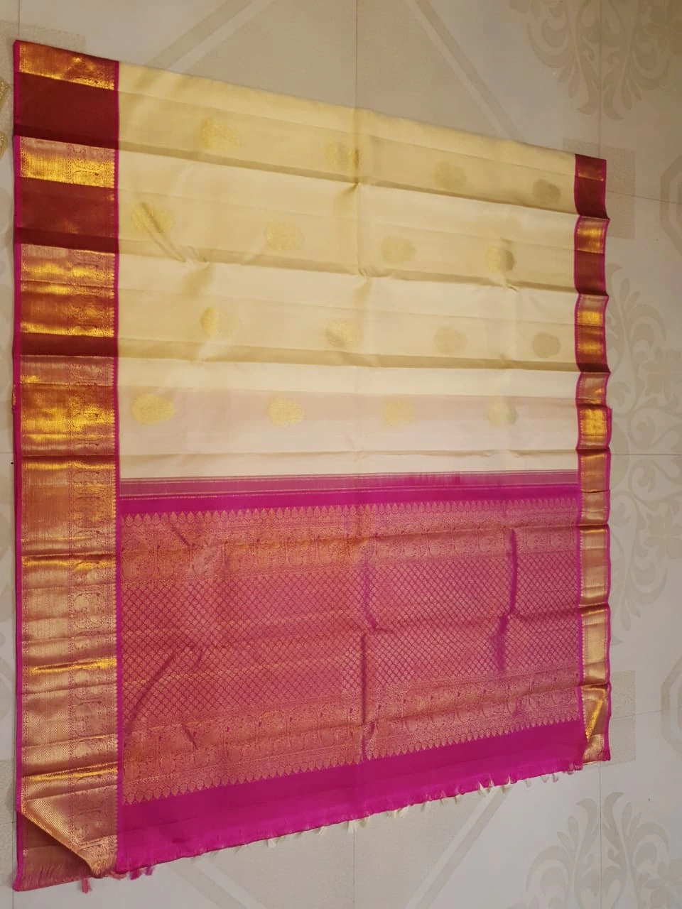 2G Korvai Pure Cream Gold & Magenta Kanjivaram Silk Saree with Rich Zari Border