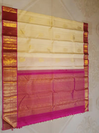 2G Korvai Pure Cream Gold & Magenta Kanjivaram Silk Saree with Rich Zari Border