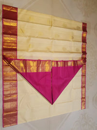 2G Korvai Pure Cream Gold & Magenta Kanjivaram Silk Saree with Rich Zari Border