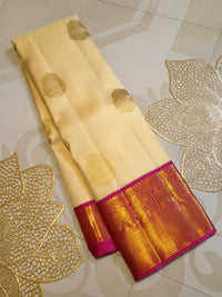 2G Korvai Pure Cream Gold & Magenta Kanjivaram Silk Saree with Rich Zari Border