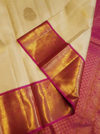 2G Korvai Pure Cream Gold & Magenta Kanjivaram Silk Saree with Rich Zari Border
