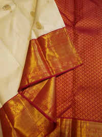 2G White Pure Korvai  Kanjivaram Silk Saree with Maroon Zari Border