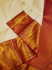 2G White Pure Korvai  Kanjivaram Silk Saree with Maroon Zari Border