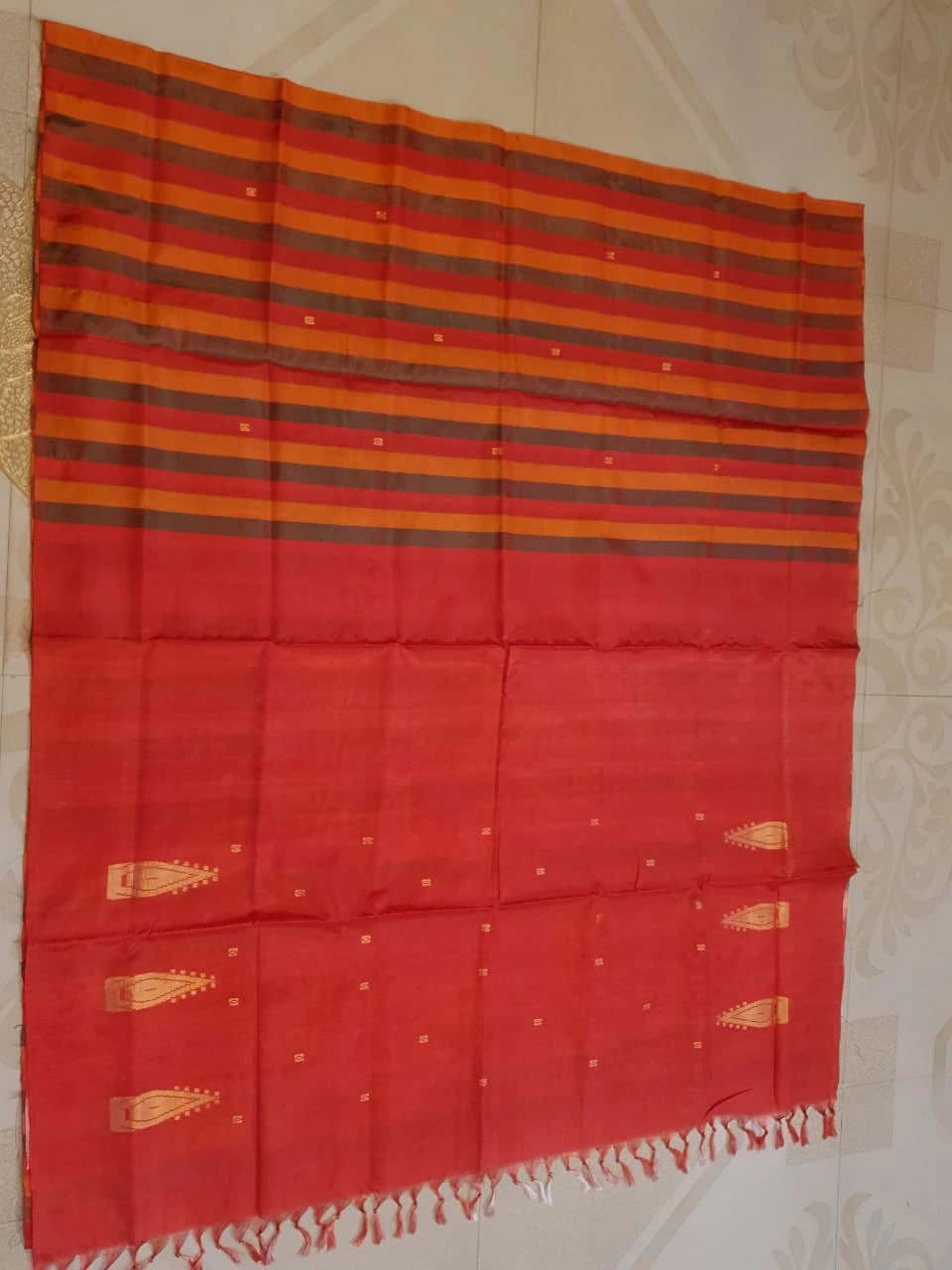 Banana Pith Handloom Silk Saree - Red Stripes