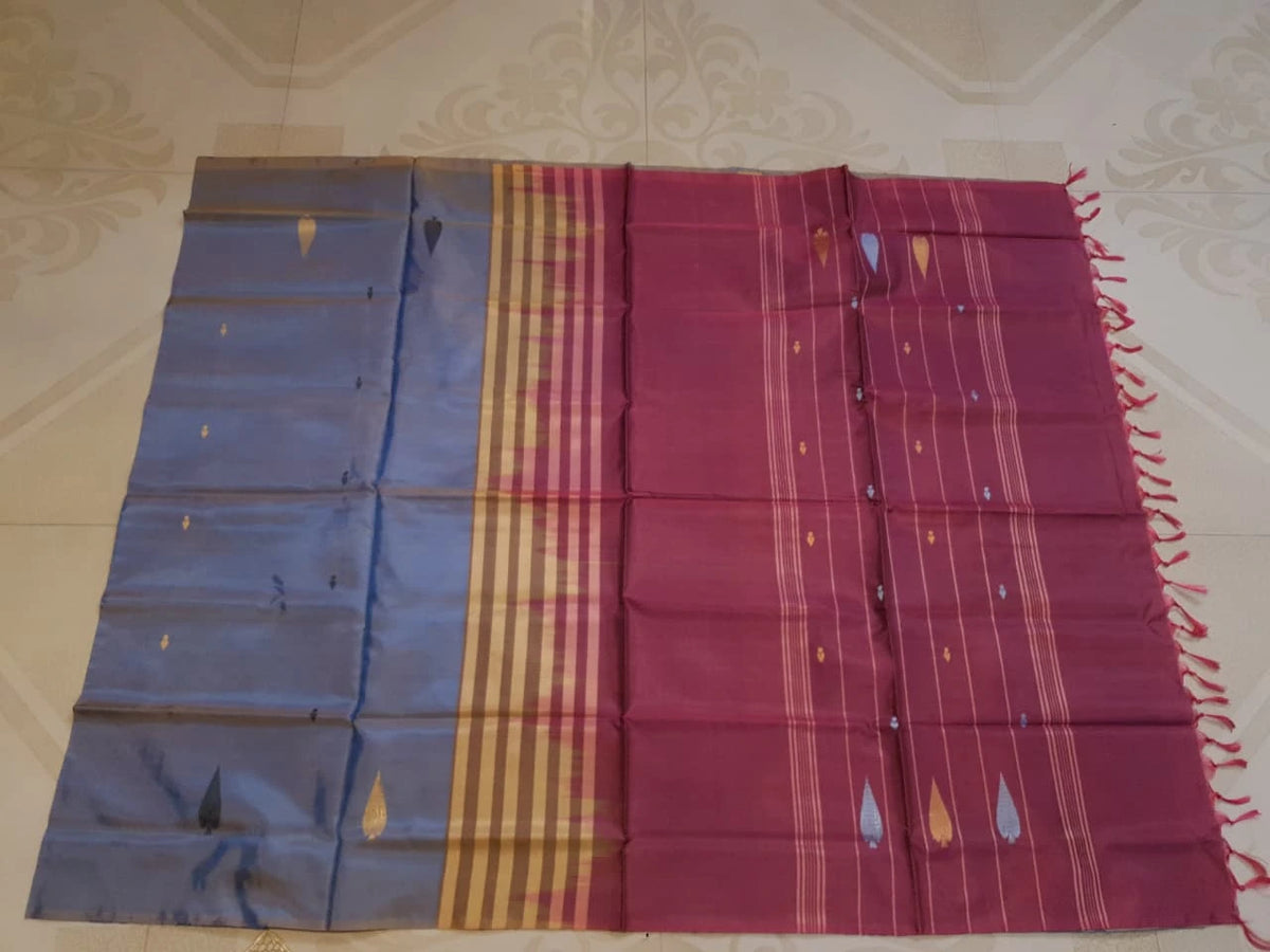 Banana Pith Handloom Silk Saree - Blue Grey