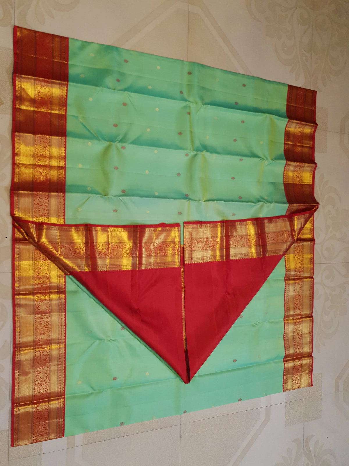 2G Pure Mint Green Korvai  Kanjivaram Silk Saree with Red Border