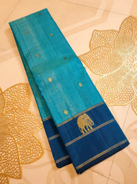 2G Pure Kanjivaram Silk Saree in Turquoise Blue with Navy Blue Elephant Zari Border & Small Zari Buttas | Silkmark Certified