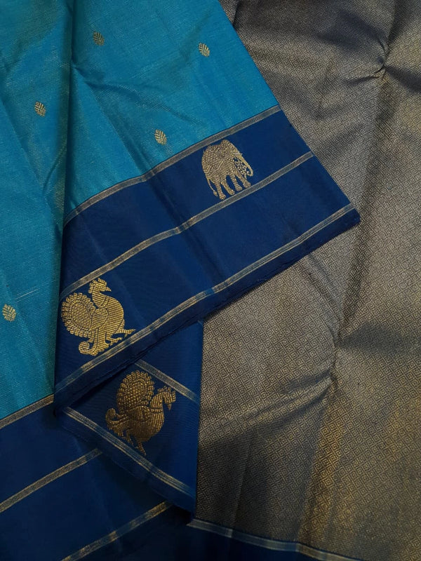2G Pure Kanjivaram Silk Saree in Turquoise Blue with Navy Blue Elephant Zari Border & Small Zari Buttas | Silkmark Certified