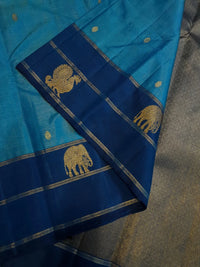 2G Pure Kanjivaram Silk Saree in Turquoise Blue with Navy Blue Elephant Zari Border & Small Zari Buttas | Silkmark Certified