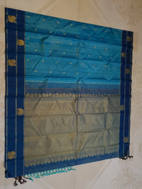 2G Pure Kanjivaram Silk Saree in Turquoise Blue with Navy Blue Elephant Zari Border & Small Zari Buttas | Silkmark Certified