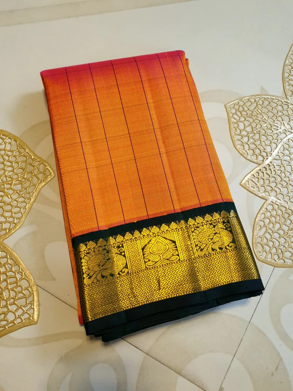 2G Pure Kanjivaram Silk Saree in Orange with Green & Rich Gold Zari Traditional Border | Silkmark Certified