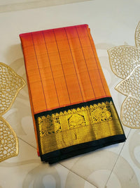 2G Pure Kanjivaram Silk Saree in Orange with Green & Rich Gold Zari Traditional Border | Silkmark Certified