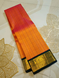 2G Pure Kanjivaram Silk Saree in Orange with Green & Rich Gold Zari Traditional Border | Silkmark Certified