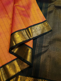 2G Pure Kanjivaram Silk Saree in Orange with Green & Rich Gold Zari Traditional Border | Silkmark Certified
