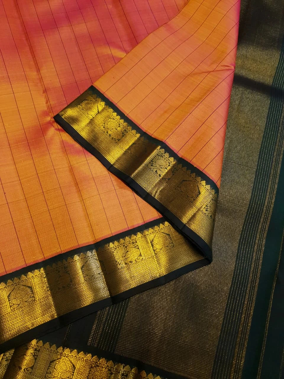 2G Pure Kanjivaram Silk Saree in Orange with Green & Rich Gold Zari Traditional Border | Silkmark Certified