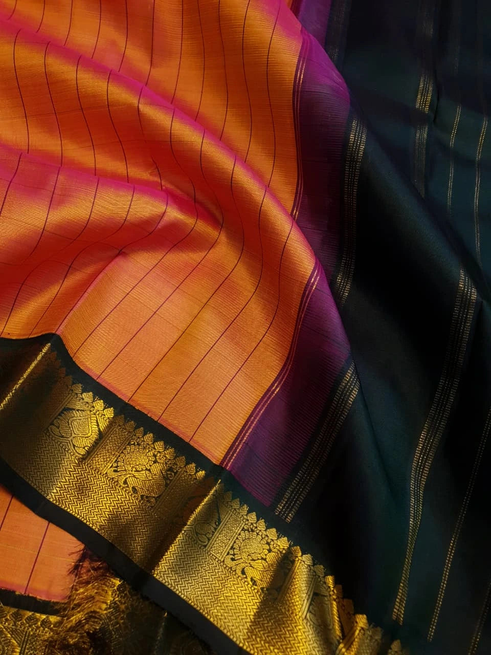2G Pure Kanjivaram Silk Saree in Orange with Green & Rich Gold Zari Traditional Border | Silkmark Certified