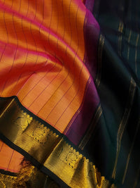 2G Pure Kanjivaram Silk Saree in Orange with Green & Rich Gold Zari Traditional Border | Silkmark Certified