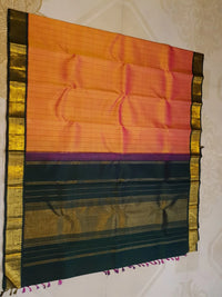 2G Pure Kanjivaram Silk Saree in Orange with Green & Rich Gold Zari Traditional Border | Silkmark Certified