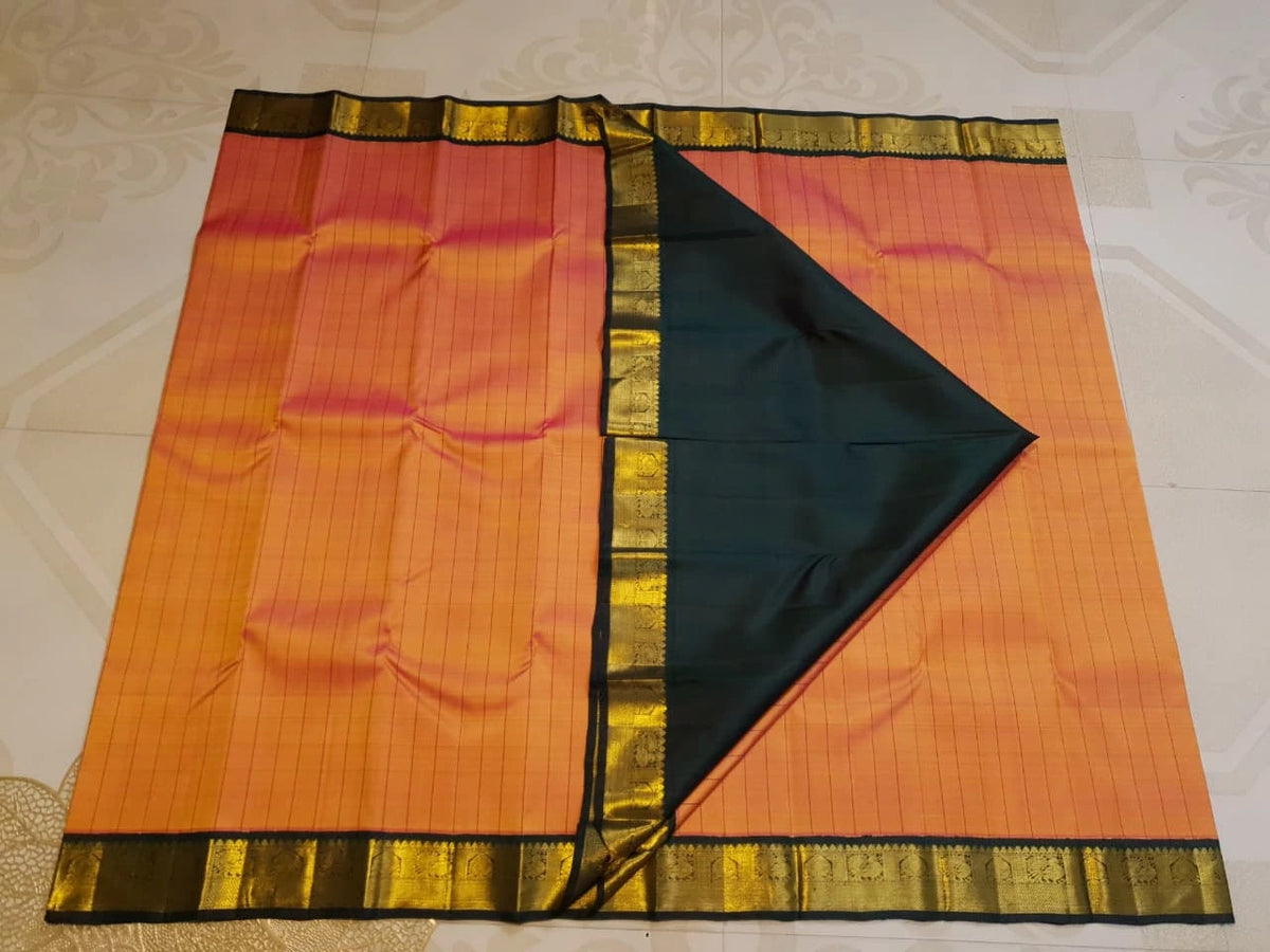 2G Pure Kanjivaram Silk Saree in Orange with Green & Rich Gold Zari Traditional Border | Silkmark Certified