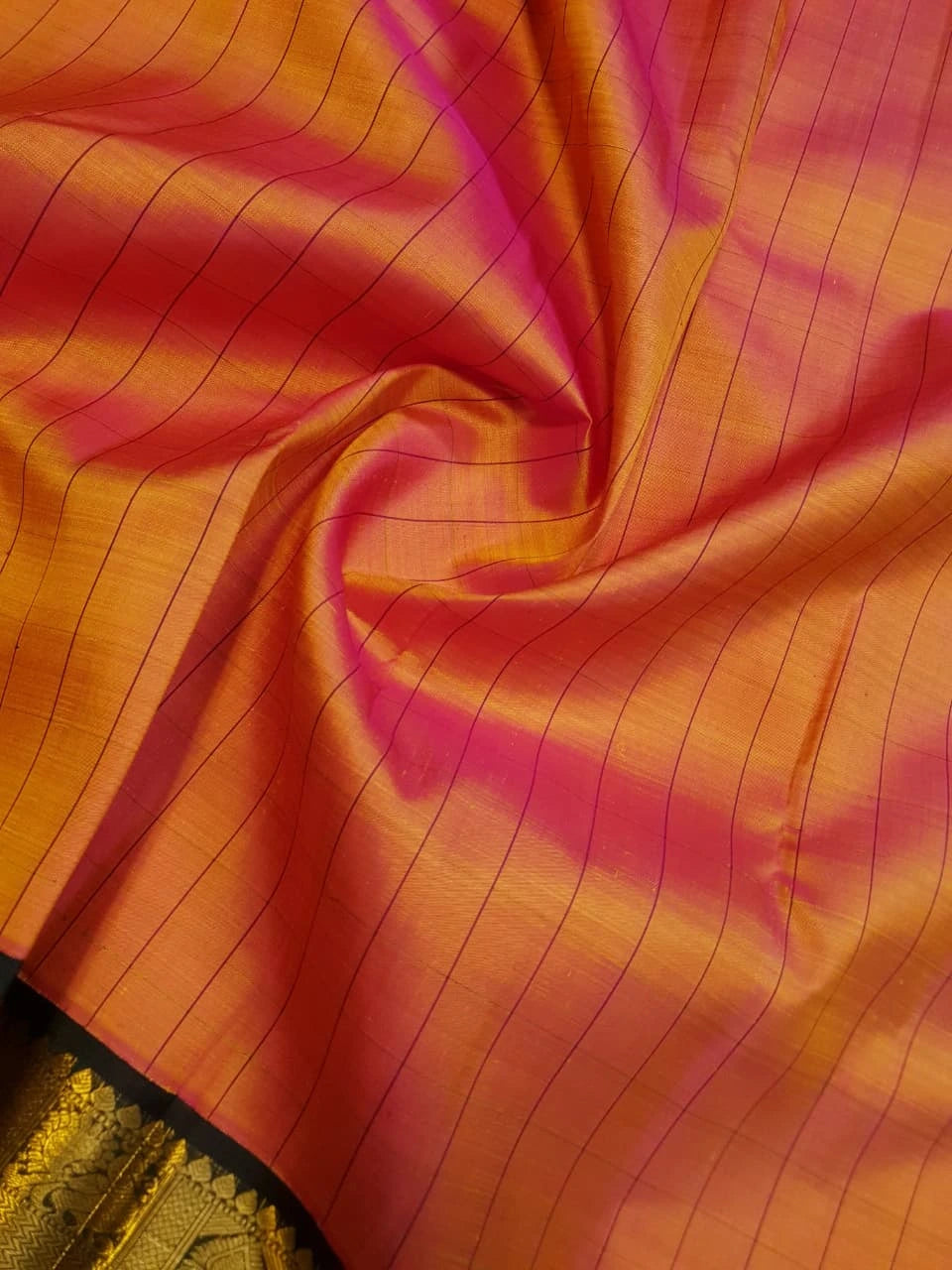 2G Pure Kanjivaram Silk Saree in Orange with Green & Rich Gold Zari Traditional Border | Silkmark Certified