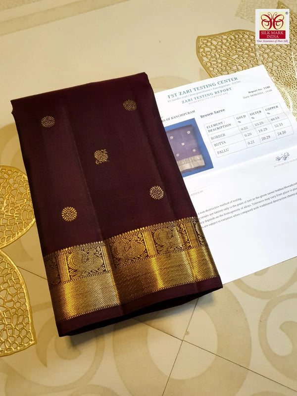 3Gram Rich Brown Pure Kanjivaram Silk Saree with Traditional Gold Zari | Silkmark Certified