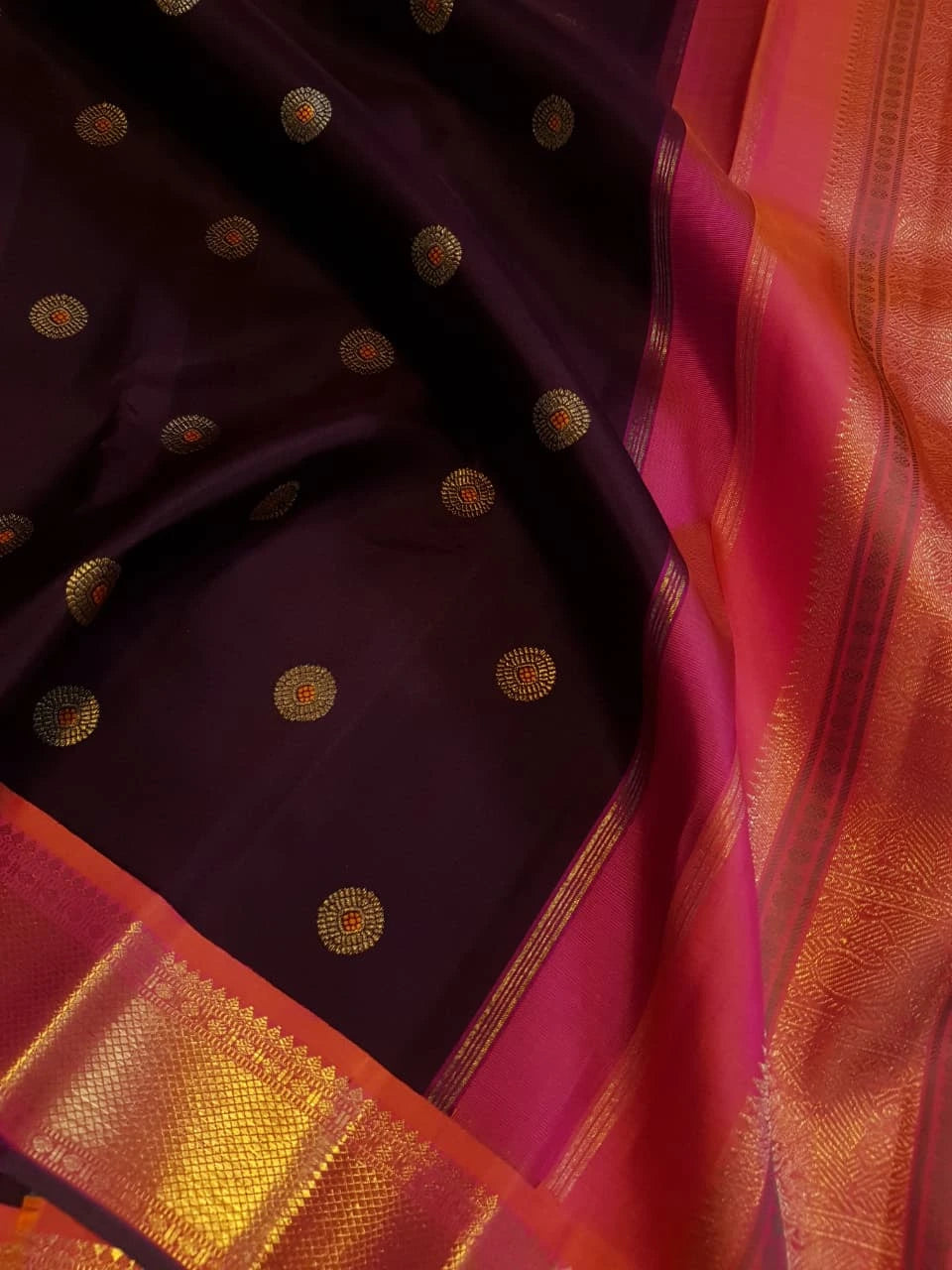 3Gram Pure Zari Korvai Kanjivaram Silk Saree in Deep Wine with Peach Border | Silkmark Certified