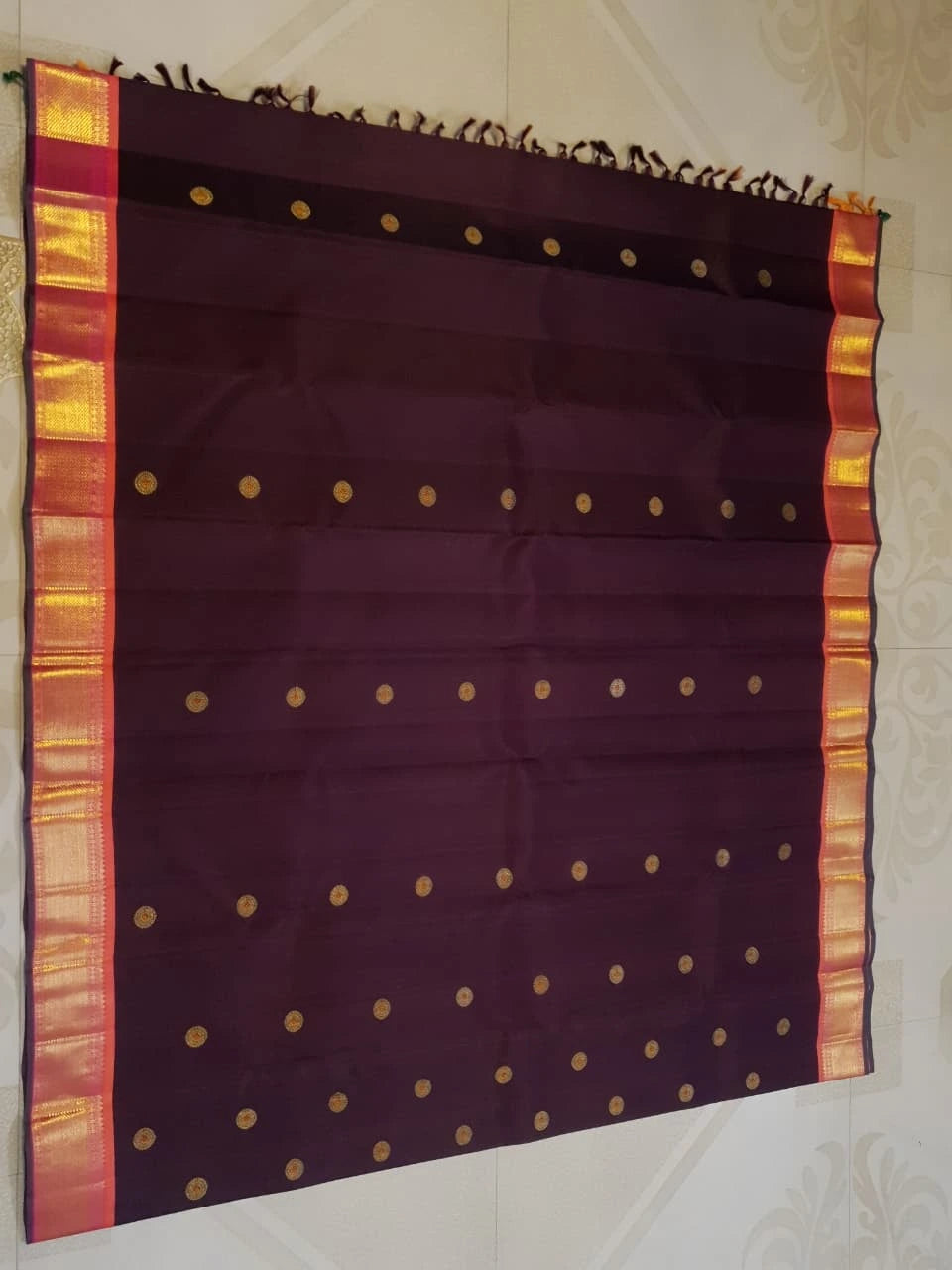 3Gram Pure Zari Korvai Kanjivaram Silk Saree in Deep Wine with Peach Border | Silkmark Certified