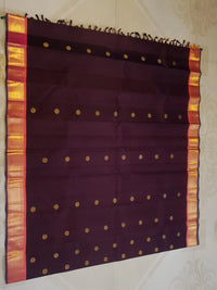 3Gram Pure Zari Korvai Kanjivaram Silk Saree in Deep Wine with Peach Border | Silkmark Certified