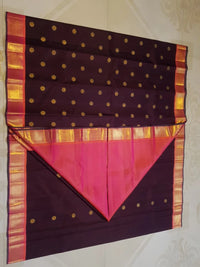 3Gram Pure Zari Korvai Kanjivaram Silk Saree in Deep Wine with Peach Border | Silkmark Certified