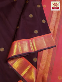 3Gram Pure Zari Korvai Kanjivaram Silk Saree in Deep Wine with Peach Border | Silkmark Certified