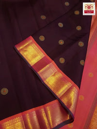 3Gram Pure Zari Korvai Kanjivaram Silk Saree in Deep Wine with Peach Border | Silkmark Certified