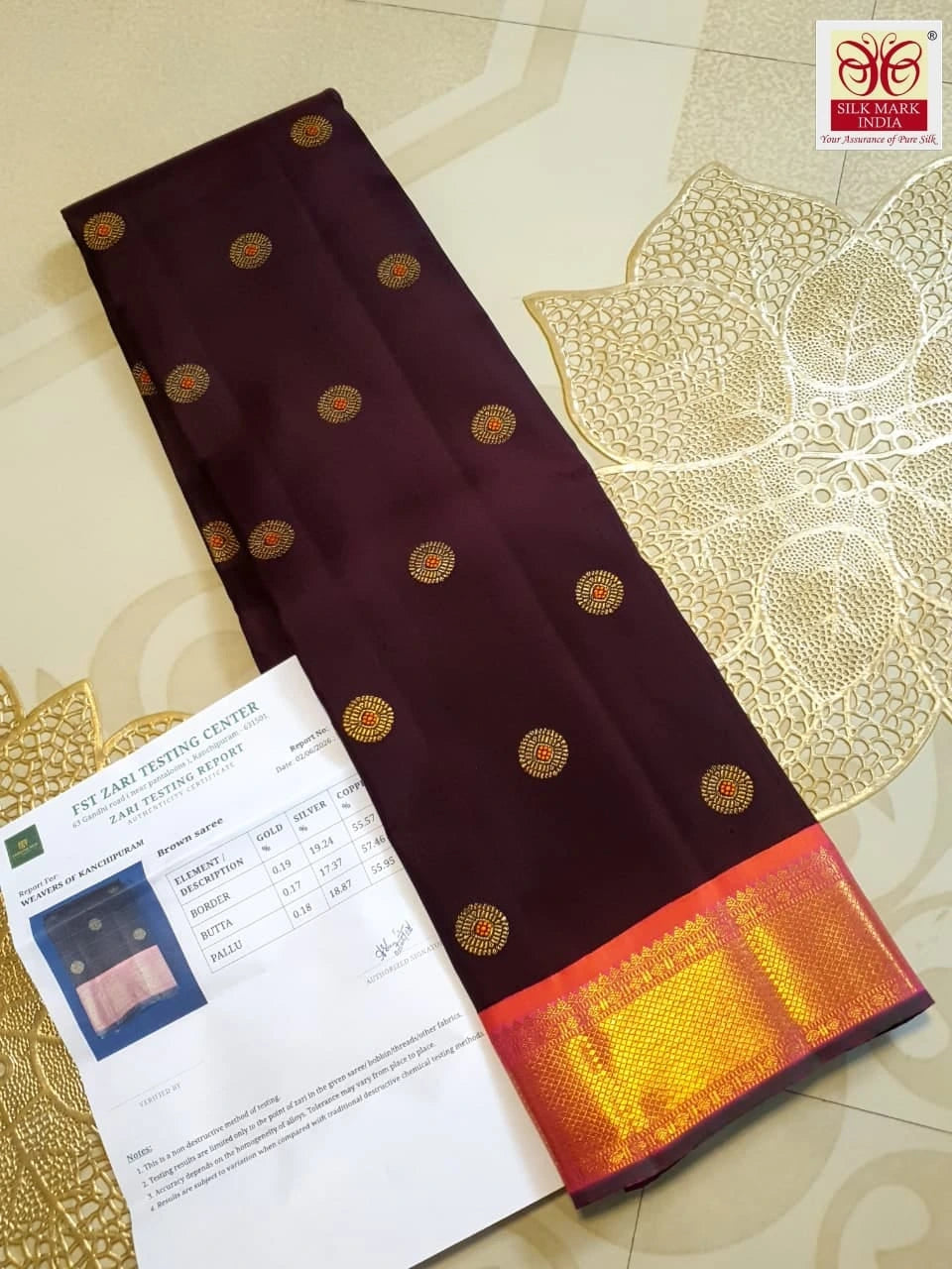 3Gram Pure Zari Korvai Kanjivaram Silk Saree in Deep Wine with Peach Border | Silkmark Certified