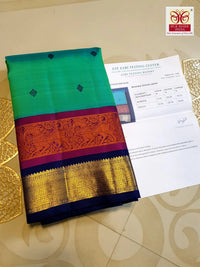 3Gram Pure Zari Kanjivaram Silk Saree in Rexona Green with Magenta & Navy Blue Border, Rich Gold Zari Pallu & Traditional Motifs | Zari Certified & Silkmark Certified