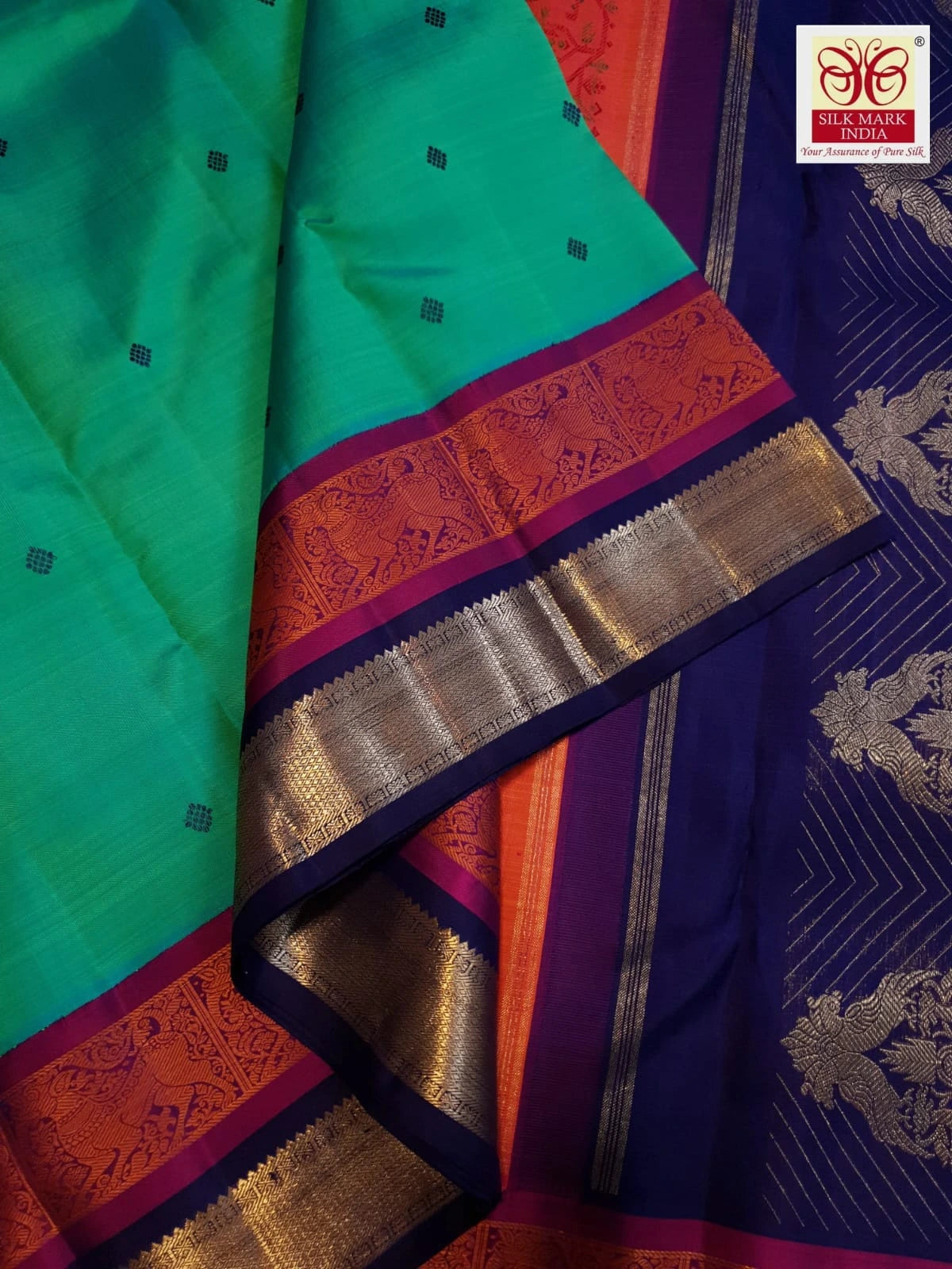 3Gram Pure Zari Kanjivaram Silk Saree in Rexona Green with Magenta & Navy Blue Border, Rich Gold Zari Pallu & Traditional Motifs | Zari Certified & Silkmark Certified