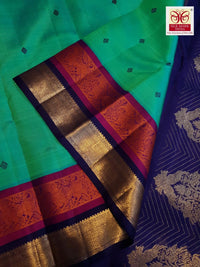 3Gram Pure Zari Kanjivaram Silk Saree in Rexona Green with Magenta & Navy Blue Border, Rich Gold Zari Pallu & Traditional Motifs | Zari Certified & Silkmark Certified